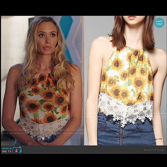 TELA Urban Outfitters sunflower print halter crop top lace  crochet hem - Picture 2 of 16